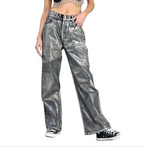 Miss Love The Metallic Jean Denim Wide Leg Pants Black Silver size Large